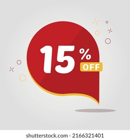 Red sticker with 15% off. Isolated vector round sale tag. Discount offer price tag. 15% discount symbol