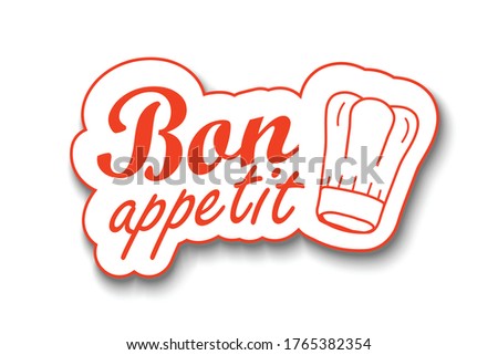 Red sticker Bon appetit with a cook hat on a white background. Vector image.