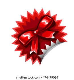 Red sticker with a bowknot isolated on a white background. Cartoon vector close-up illustration.
