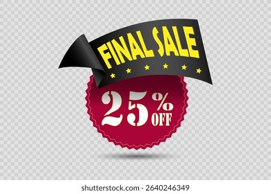 Red sticker with discount on transparent background.