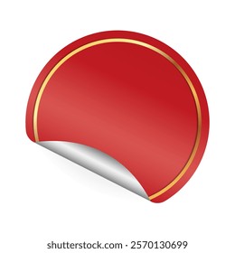  Red sticker with gold border and curved edge effect on white background. Suitable for discounts, promotions, promotional materials, packaging. Vector illustration.