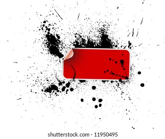 Red sticker on a grunge background with ink splats