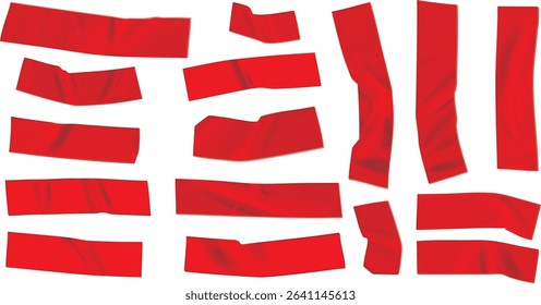 Red sticker paper texture, wrinkled adhesive label or price tag, crumpled glue badge 3d vector realistic set illustrations. Plastic round and rectangular badges isolated on white background