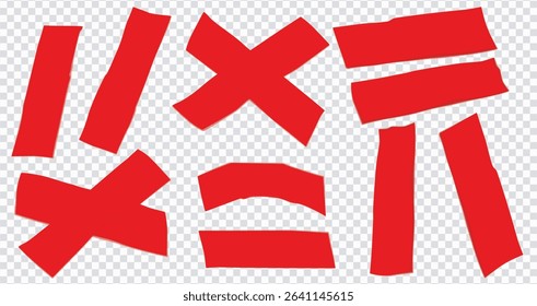 Red sticker paper texture, wrinkled adhesive label or price tag, crumpled glue badge 3d vector realistic set illustrations. Plastic round and rectangular badges isolated on white background