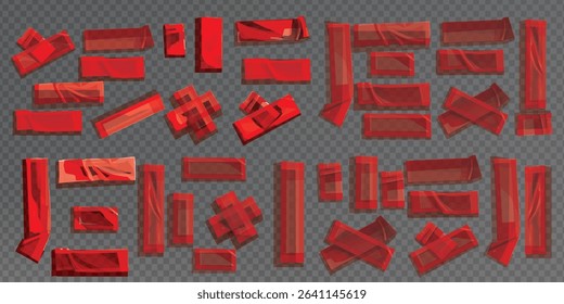 Red sticker paper texture, wrinkled adhesive label or price tag, crumpled glue badge 3d vector realistic set illustrations. Plastic round and rectangular badges isolated on white background