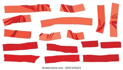 Red sticker paper texture, wrinkled adhesive label or price tag, crumpled glue badge 3d vector realistic set illustrations. Plastic round and rectangular badges isolated on white background