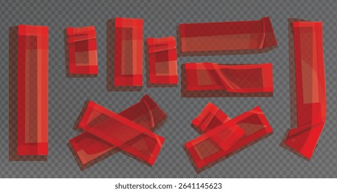 Red sticker paper texture, wrinkled adhesive label or price tag, crumpled glue badge 3d vector realistic set illustrations. Plastic round and rectangular badges isolated on white background