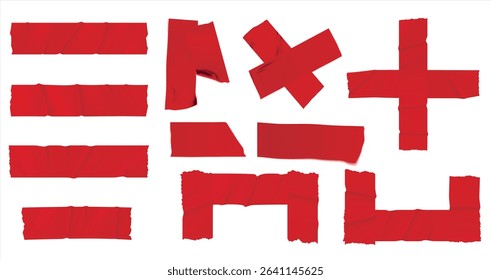 Red sticker paper texture, wrinkled adhesive label or price tag, crumpled glue badge 3d vector realistic set illustrations. Plastic round and rectangular badges isolated on white background