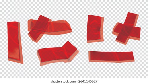 Red sticker paper texture, wrinkled adhesive label or price tag, crumpled glue badge 3d vector realistic set illustrations. Plastic round and rectangular badges isolated on white background