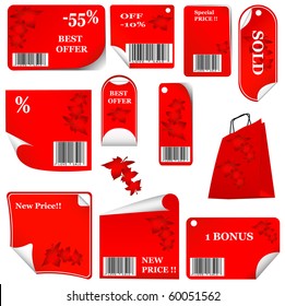 red sticker set with bar codes and leafs. vector illustration