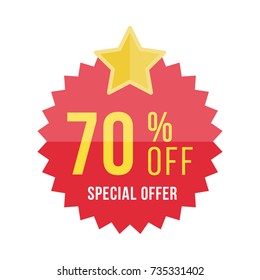 Red sticker and star with 70% discount. Template of the emblem with special offer flat vector eps 10
