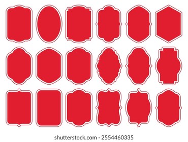 Red stickers, decorative frames. Set of graphic antique frames, collection of retro labels, royal wedding, sticker for sale or an invitation card. Isolated vector symbols. Simple line label set sale