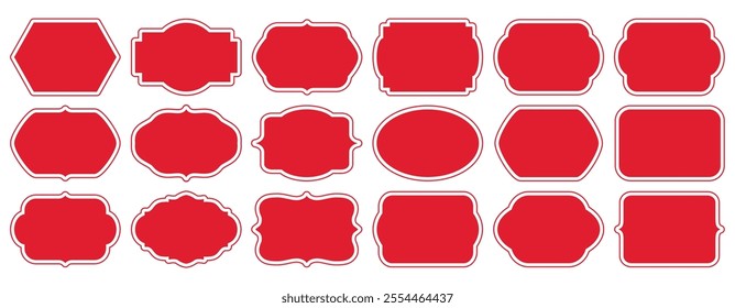 Red stickers, decorative frames. Set of graphic antique frames, collection of retro labels, royal wedding, sticker for sale or an invitation card. Isolated vector symbols. Simple line label set sale