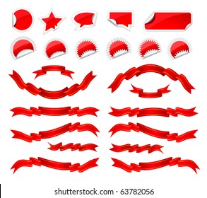 Red stickers and ribbons set on white background
