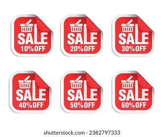 Red stickers set. Sale 10%, 20%, 30%, 40%, 50%, 60% off discount. Vector illustration