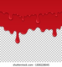 Red sticky liquid seamless element. Realistic dripping slime isolated object. Bloody background with oozing slime. Popular kids sensory game. Paint drips and flowing repeatable vector illustration.