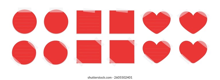 Red sticky post note template mockup set. Taped office memo paper vector illustration.