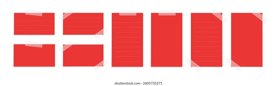 Red sticky post note template mockup set. Taped office memo paper vector illustration.