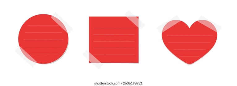 Red sticky post note template mockup set. Taped office memo paper vector illustration.