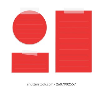 Red sticky post note template mockup set. Taped office memo paper vector illustration.