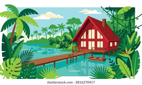 Red stilt house on a tranquil tropical lake, surrounded by lush green jungle foliage, palm trees, and a wooden pier with a small boat.