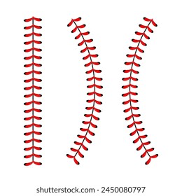 The red stitch or stitching of the baseball Isolated on white background. Sports Ball Red Laces Set. Vector illustration