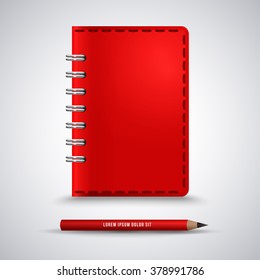 Red stitched cover diary with pencil. Business binder. Closed spiral notebook. Planner template with empty space for your message. Vector illustration for classic design.