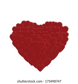Red stitched hearts in different sizes forming a larger heart shape on white background