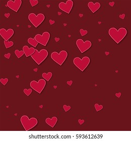 Red stitched paper hearts. Abstract scatter on wine red background. Vector illustration.