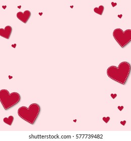 Red stitched paper hearts. Bordered frame with red stitched paper hearts on light pink background. Vector illustration.