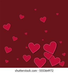 Red stitched paper hearts. Bottom gradient with red stitched paper hearts on wine red background. Vector illustration.