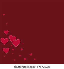 Red stitched paper hearts. Bottom left corner with red stitched paper hearts on wine red background. Vector illustration.