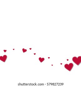 Red stitched paper hearts. Bottom wave with red stitched paper hearts on white background. Vector illustration.