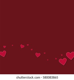Red stitched paper hearts. Bottom wave with red stitched paper hearts on wine red background. Vector illustration.
