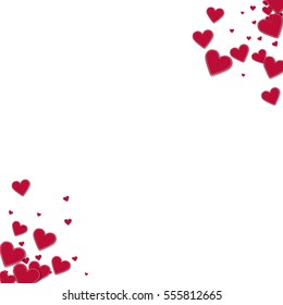 Red stitched paper hearts. Circular corners with red stitched paper hearts on white background. Vector illustration.