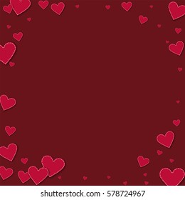 Red stitched paper hearts. Corner frame with red stitched paper hearts on wine red background. Vector illustration.