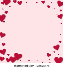 Red stitched paper hearts. Corner frame with red stitched paper hearts on light pink background. Vector illustration.