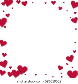 Red stitched paper hearts. Corner frame on white background. Vector illustration.