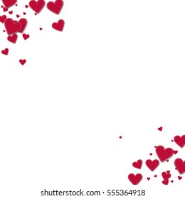 Red stitched paper hearts. Frame corners with red stitched paper hearts on white background. Vector illustration.