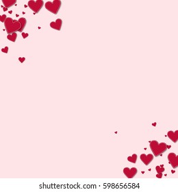 Red stitched paper hearts. Frame corners with red stitched paper hearts on light pink background. Vector illustration.