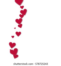 Red stitched paper hearts. Left wave with red stitched paper hearts on white background. Vector illustration.