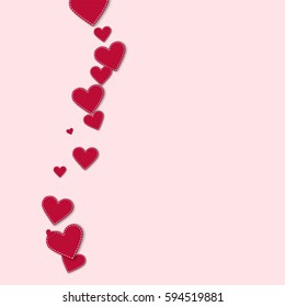 Red stitched paper hearts. Left wave on light pink background. Vector illustration.