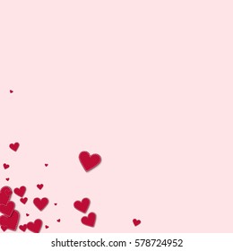 Red stitched paper hearts. Messy bottom left corner with red stitched paper hearts on light pink background. Vector illustration.