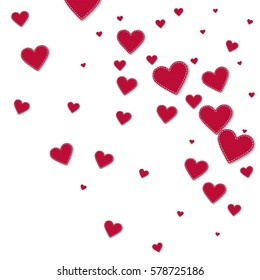 Red stitched paper hearts. Random gradient scatter with red stitched paper hearts on white background. Vector illustration.
