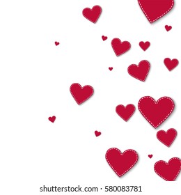 Red stitched paper hearts. Right gradient with red stitched paper hearts on white background. Vector illustration.