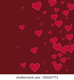 Red stitched paper hearts. Right gradient with red stitched paper hearts on wine red background. Vector illustration.