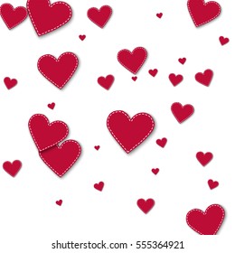 Red stitched paper hearts. Scatter horizontal lines with red stitched paper hearts on white background. Vector illustration.