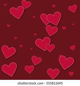Red stitched paper hearts. Scatter vertical lines with red stitched paper hearts on wine red background. Vector illustration.