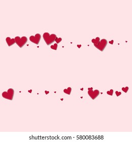 Red stitched paper hearts. Scatter lines with red stitched paper hearts on light pink background. Vector illustration.