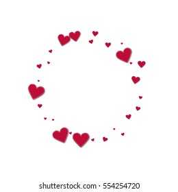Red stitched paper hearts. Small round shape with red stitched paper hearts on white background. Vector illustration.